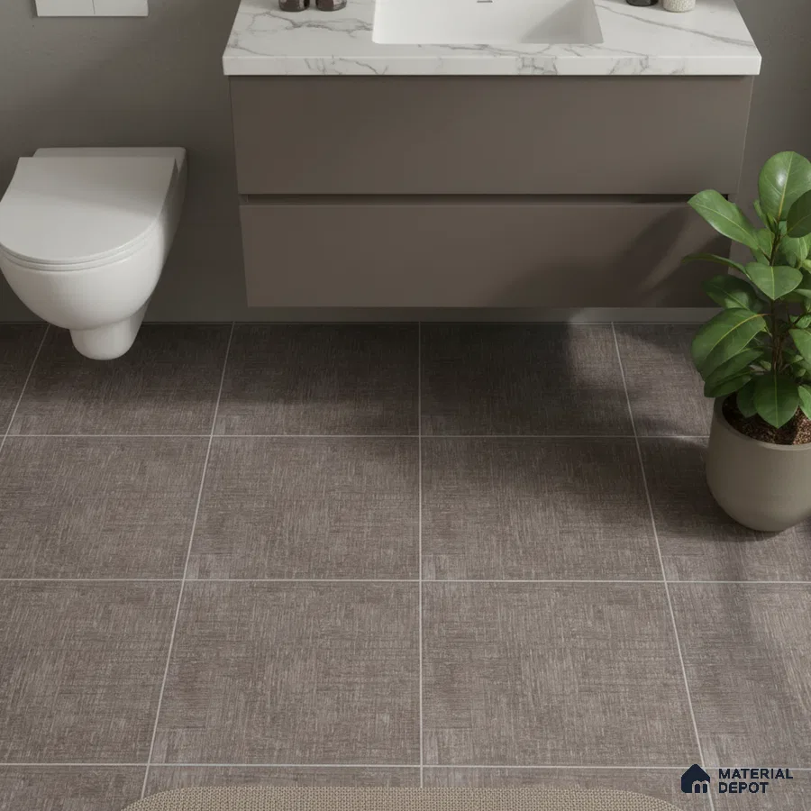 Modern bathroom with taupe matte vanity, white marble countertop, and textured brown floor tiles