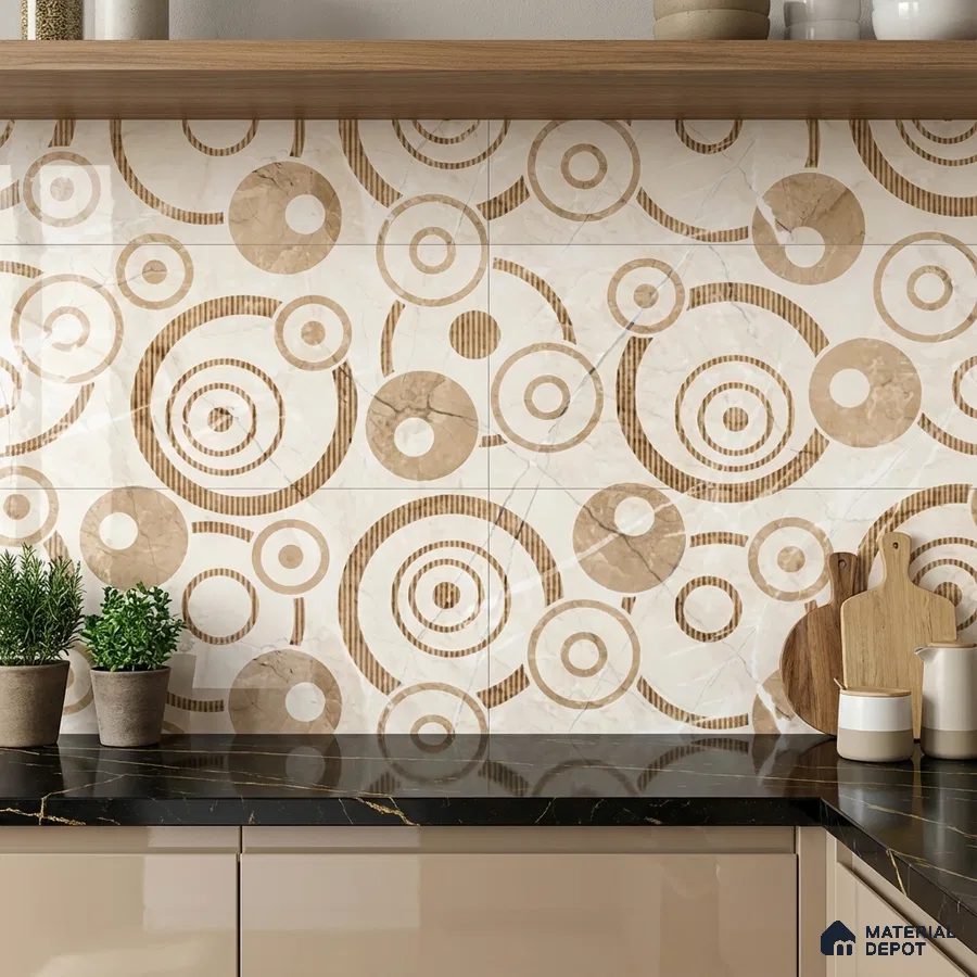 Modern kitchen with beige geometric marble-look backsplash tile and black marble countertop
