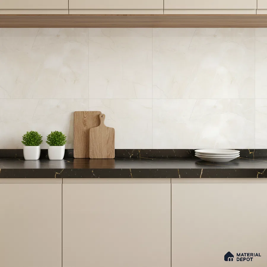 Modern kitchen with beige laminate cabinets, black marble countertop, and ivory marble-look backsplash tiles