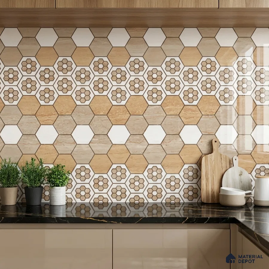 Modern kitchen with beige and white hexagonal floral backsplash tile and black marble countertop