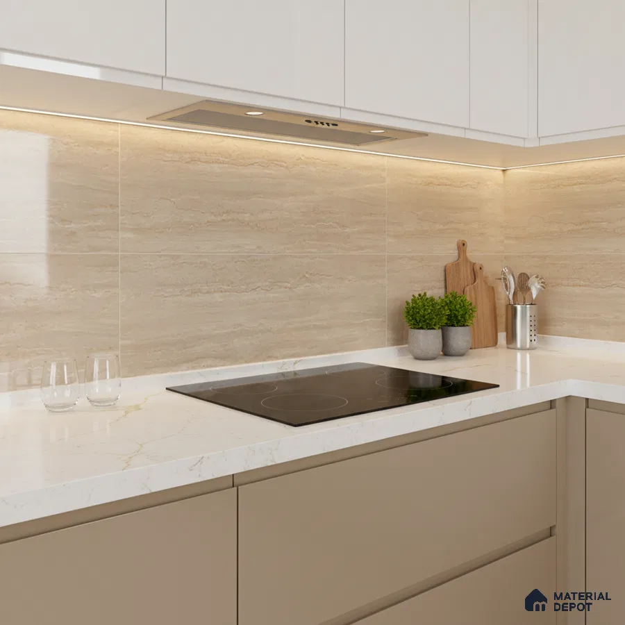 Modern kitchen with beige marble-look backsplash tile, white marble quartz countertop, and taupe laminate cabinets