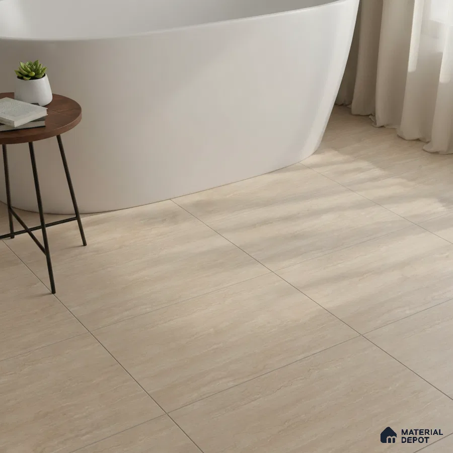 Minimalist bathroom with beige stone-look floor tiles and freestanding tub