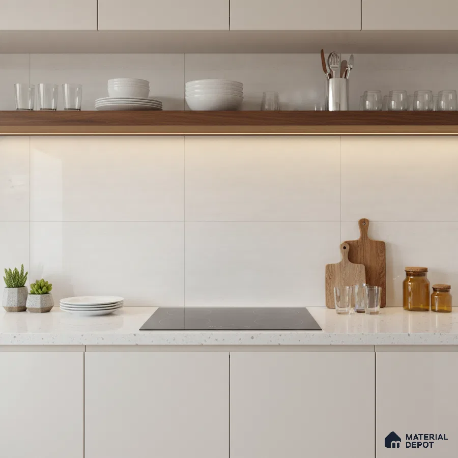Minimalist kitchen with frosty white laminate cabinets, white quartz countertop, and walnut wood open shelf