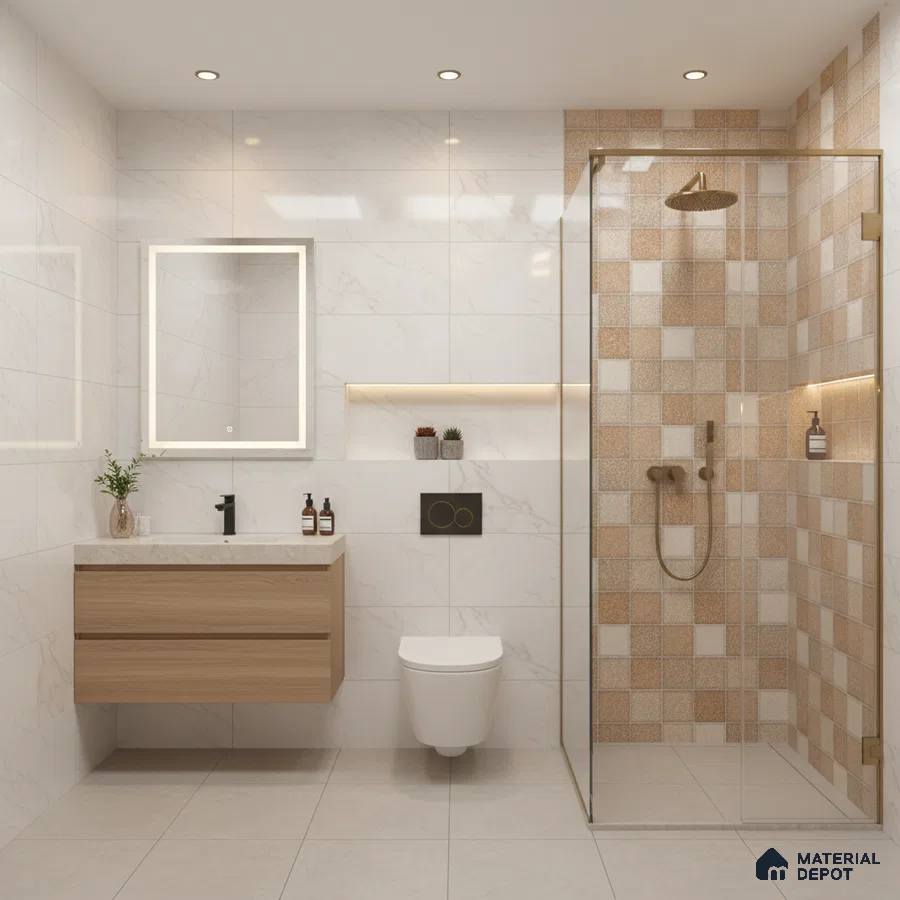 Modern bathroom with marble-look wall tiles, beige checkerboard shower tiles, and light wood vanity