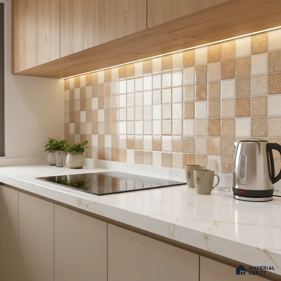 Modern kitchen with beige and wood laminate, marble-look quartz countertop, and checkered beige backsplash tiles