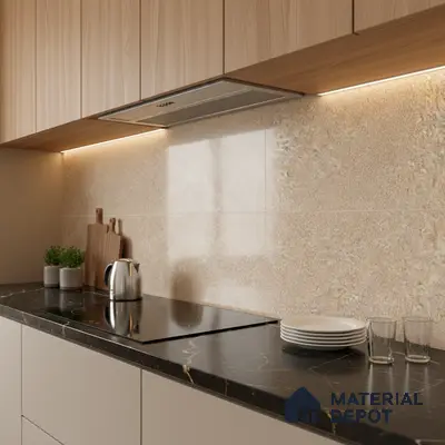 Modern kitchen with light oak laminate cabinets, beige stone backsplash tile, and black marble countertop