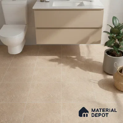 Minimalist bathroom with beige floor tiles and frosty white quartz countertop vanity
