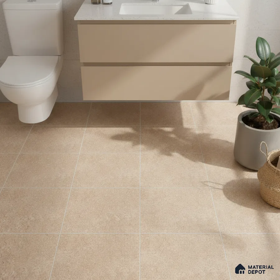 Minimalist bathroom with beige floor tiles and frosty white quartz countertop vanity