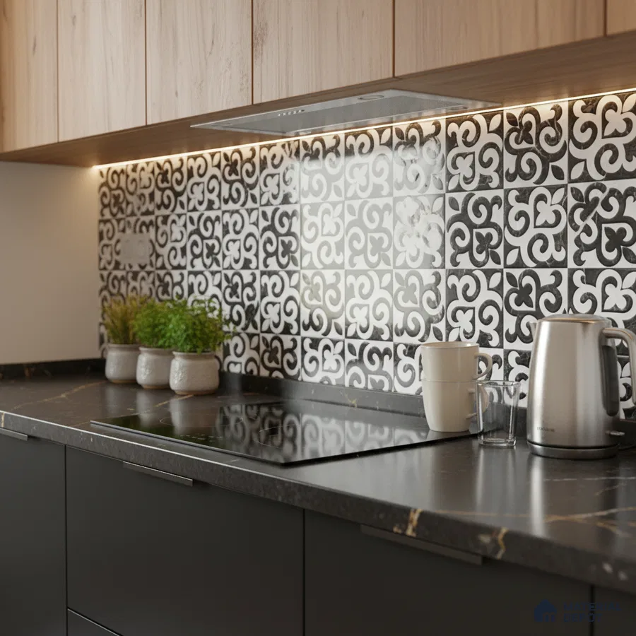 Modern kitchen with black patterned moroccan backsplash tile, matte black countertop, and light oak laminate cabinets