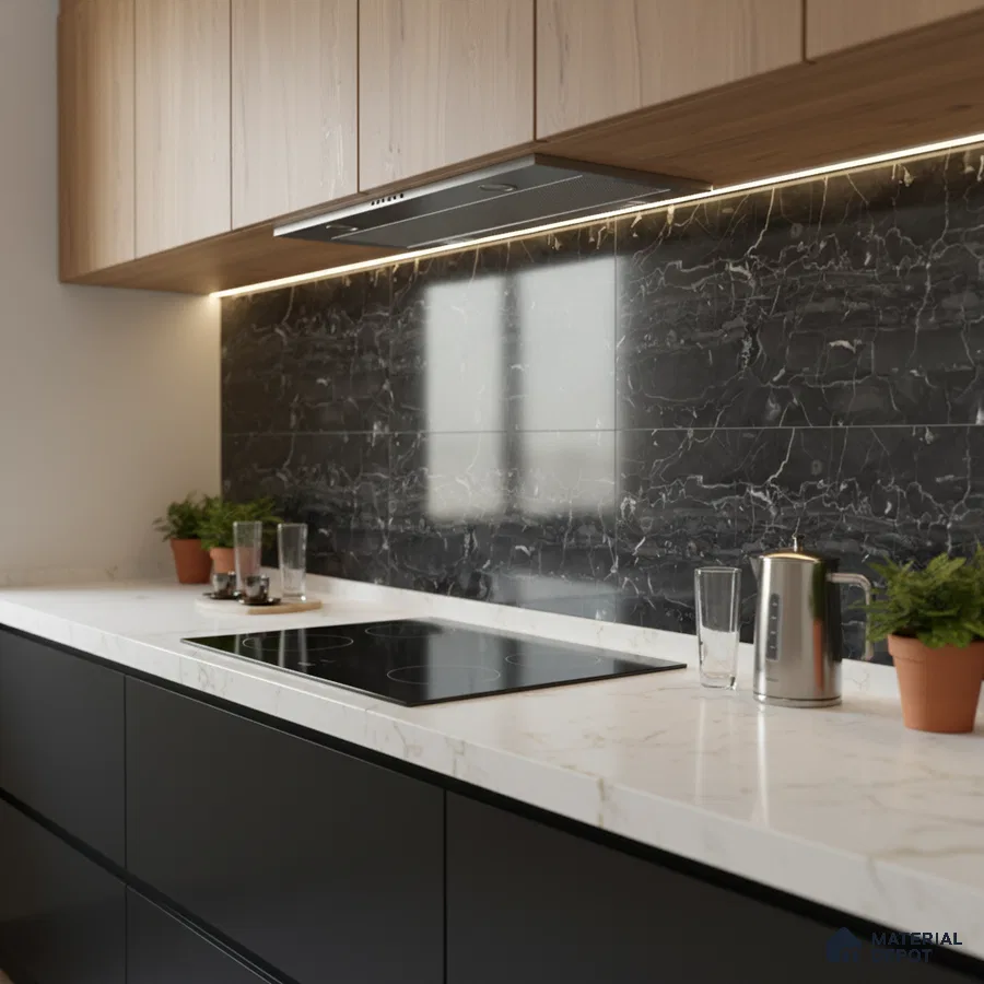 Modern kitchen with black marble backsplash, white marble countertop, and light oak laminate cabinets