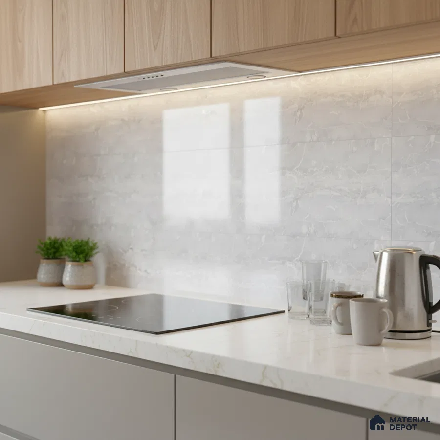Modern kitchen with light oak laminate cabinets, white marble-look quartz countertop, and glossy marble-look backsplash tile