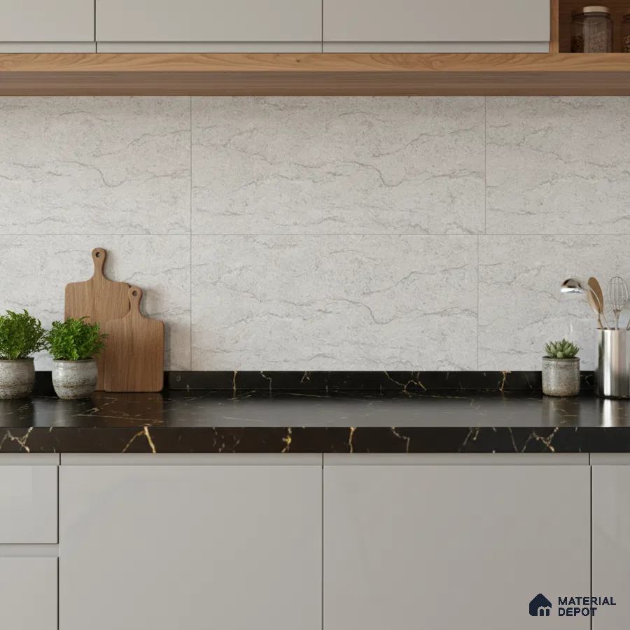 Modern kitchen with white marble-look backsplash tile, black marble countertop, and light grey laminate cabinets