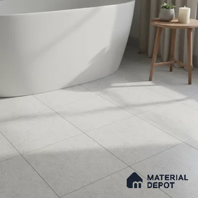 Minimalist bathroom with matte white bathtub and light grey stone-look floor tiles