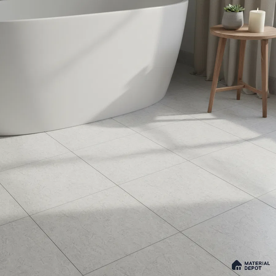 Minimalist bathroom with matte white bathtub and light grey stone-look floor tiles
