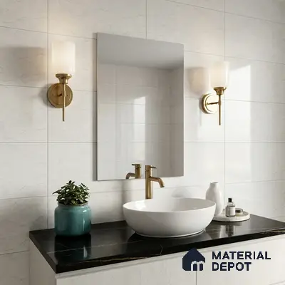 Modern bathroom with white marble-look wall tiles and black quartz countertop