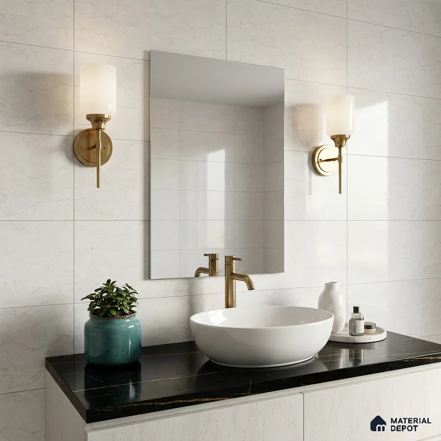 Modern bathroom with white marble-look wall tiles and black quartz countertop