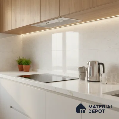 Minimalist kitchen with light oak laminate cabinets and white marble-look quartz countertop