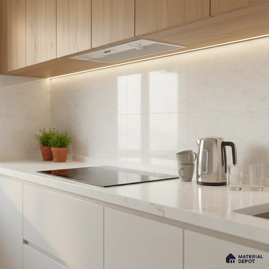 Minimalist kitchen with light oak laminate cabinets and white marble-look quartz countertop