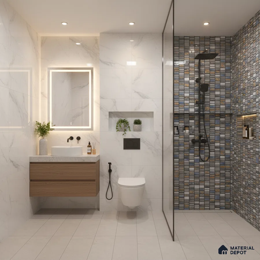 Modern bathroom with marble-look wall tiles, mosaic shower wall tiles, and floating wood vanity