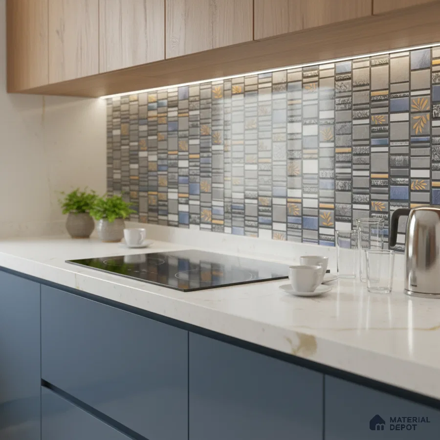 Modern kitchen with blue laminate cabinets, white quartz countertop, and geometric patterned backsplash tiles