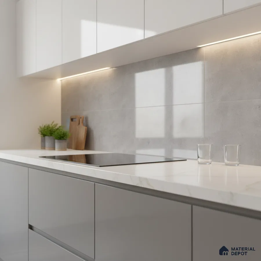 Minimalist kitchen with white marble-look countertop, grey matte laminate cabinets, and light grey stone backsplash tile