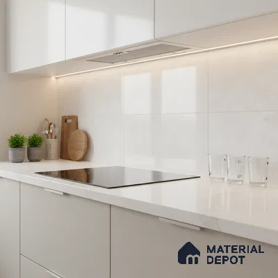 Minimalist kitchen with frosty white laminate cabinets and white marble-look quartz countertop