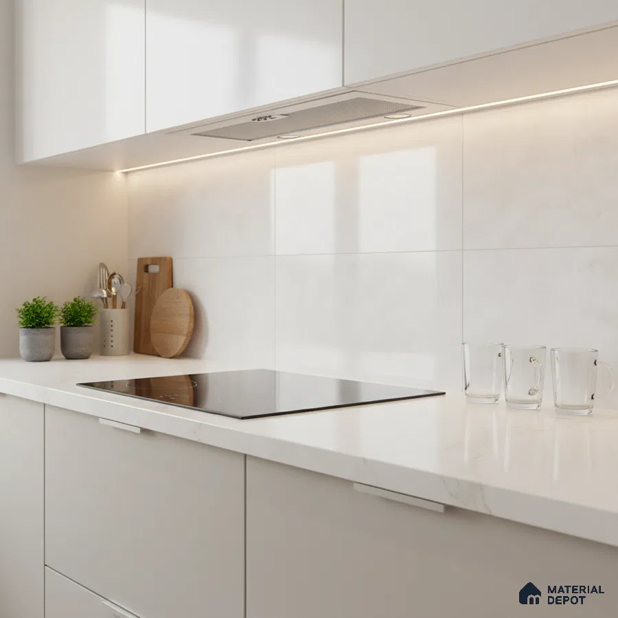 Minimalist kitchen with frosty white laminate cabinets and white marble-look quartz countertop