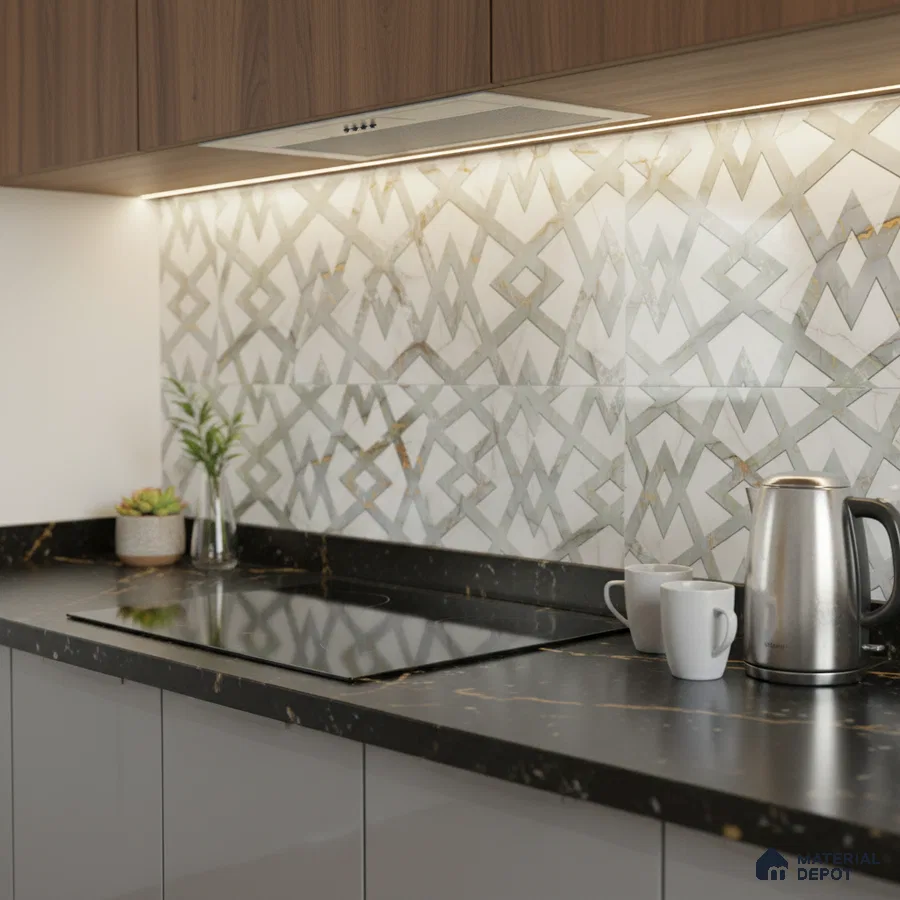Modern kitchen with geometric patterned backsplash tile, walnut laminate cabinets, and black marble countertop