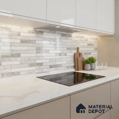 Modern kitchen with marble-look quartz countertop and beige subway backsplash tiles