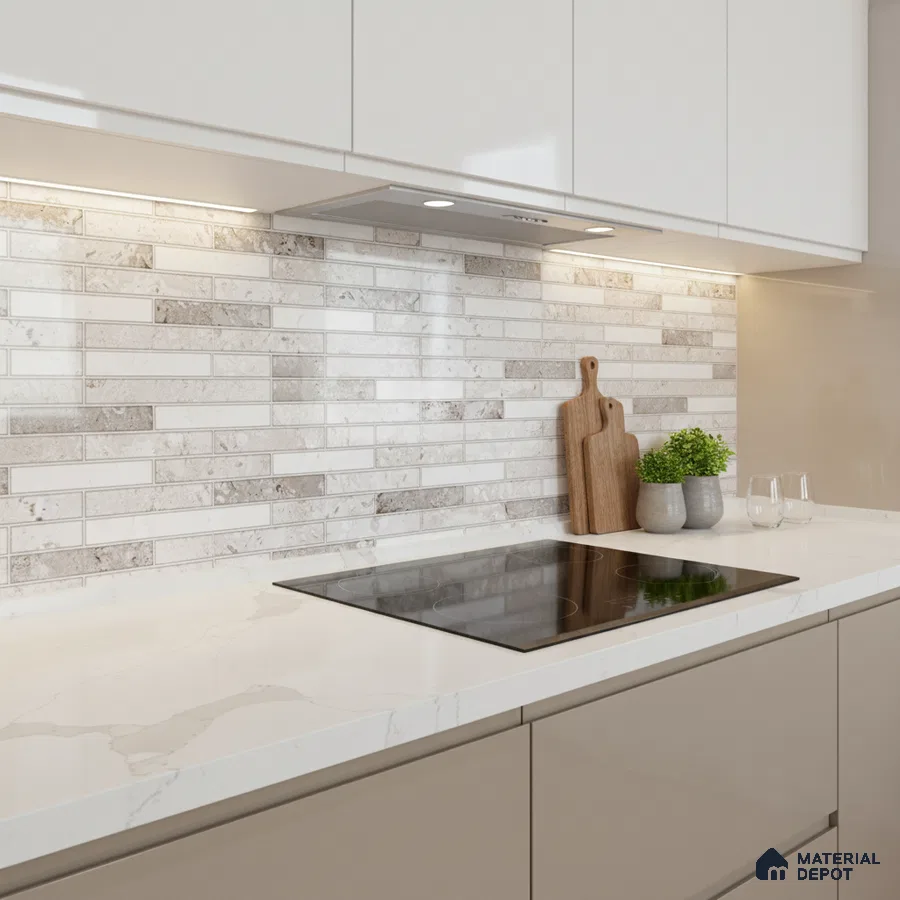 Modern kitchen with marble-look quartz countertop and beige subway backsplash tiles
