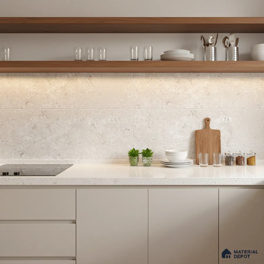 Minimalist kitchen with beige matte laminate cabinets, white quartz countertop, and light stone backsplash tile