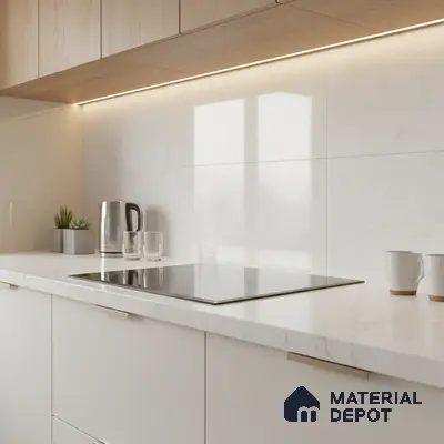 Minimalist kitchen with white marble-look quartz countertop, light oak laminate cabinets, and white marble wall tiles