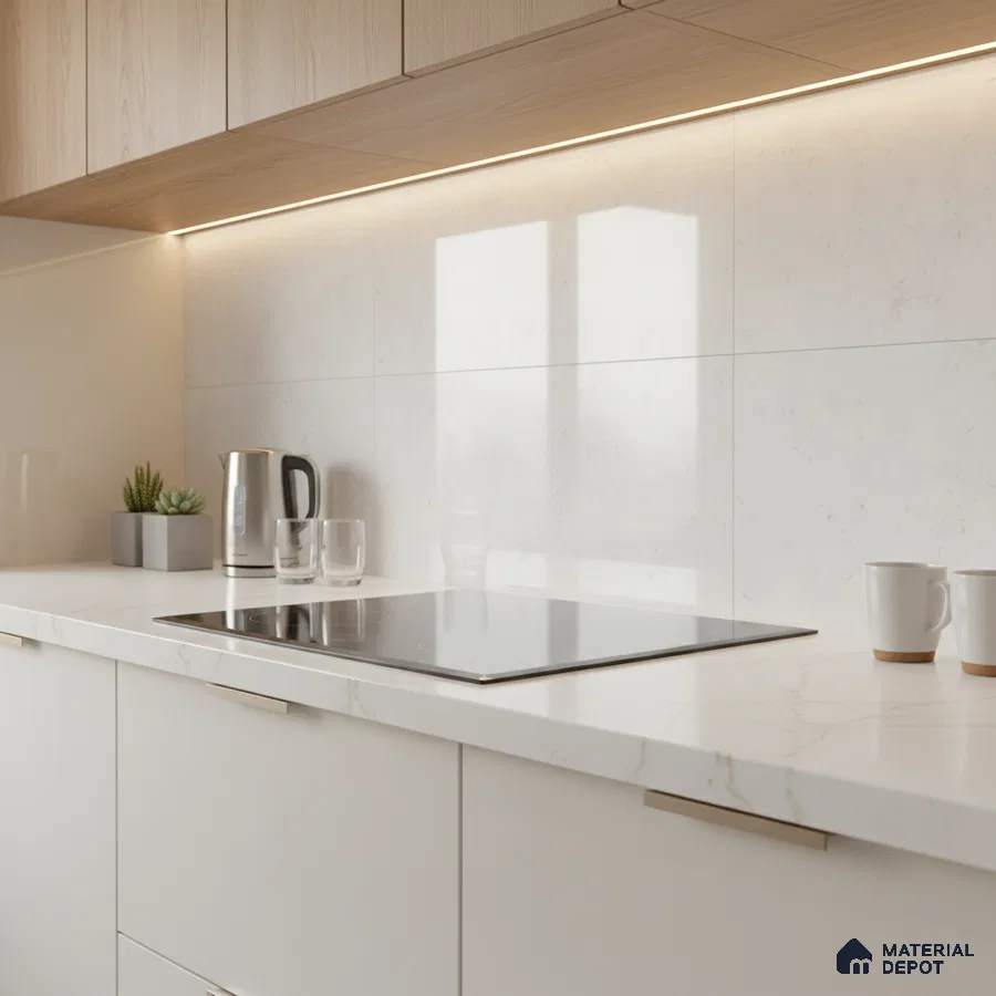 Minimalist kitchen with white marble-look quartz countertop, light oak laminate cabinets, and white marble wall tiles