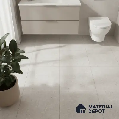 Minimalist bathroom with matte beige stone floor tiles and frosty white floating vanity