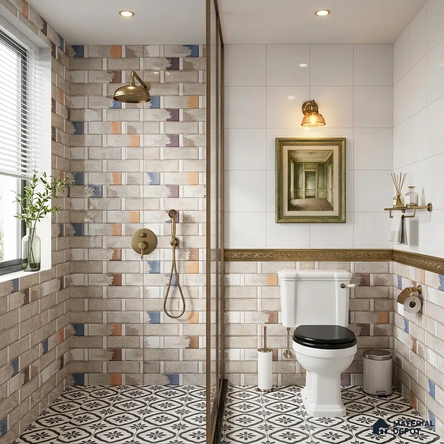 Modern kitchen with multicolor patterned subway backsplash tile and white quartz countertop