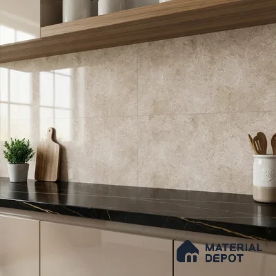 Modern kitchen with beige marble-look wall tiles, black marble countertop, and glossy taupe laminate cabinets