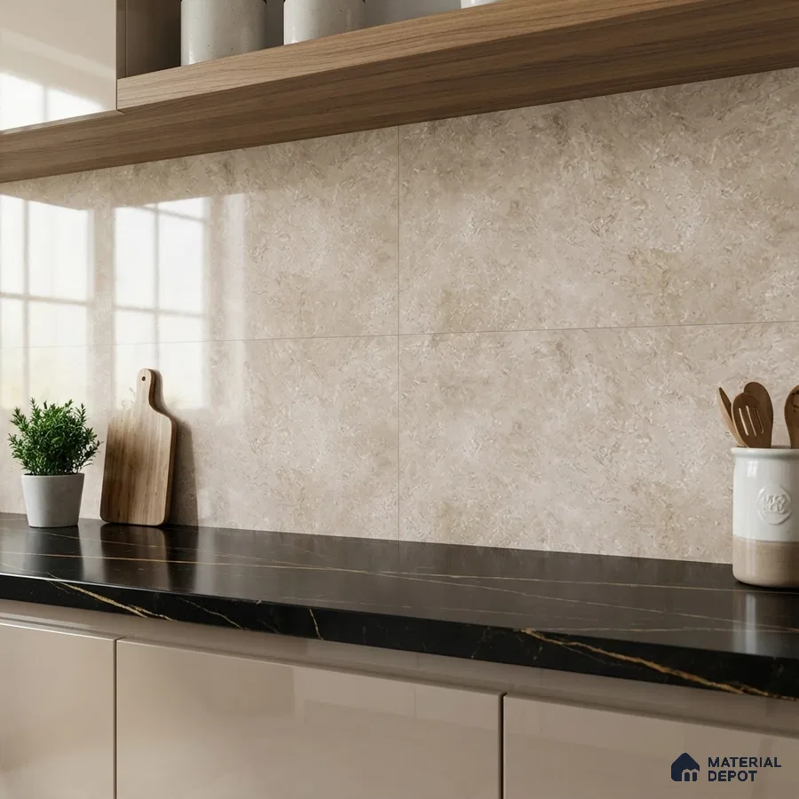 Modern kitchen with beige marble-look wall tiles, black marble countertop, and glossy taupe laminate cabinets