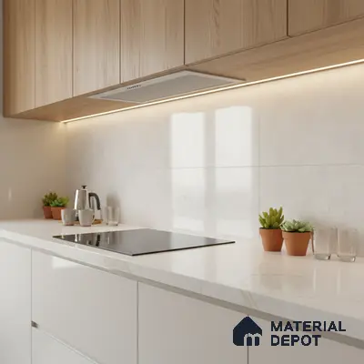 Scandinavian kitchen with light oak laminate cabinets and white marble-look quartz countertop