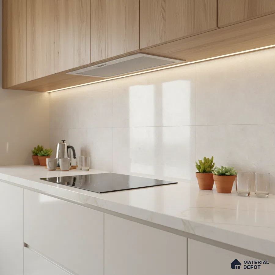 Scandinavian kitchen with light oak laminate cabinets and white marble-look quartz countertop