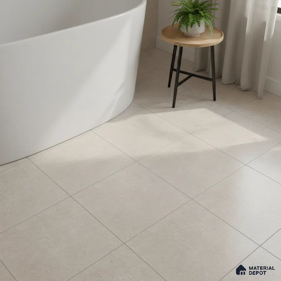 Minimalist bathroom with off-white matte floor tiles and freestanding tub