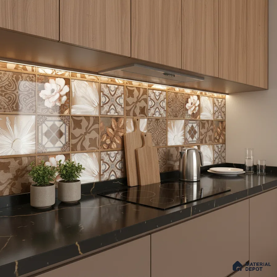 Modern kitchen with floral and geometric patterned brown backsplash tiles and black marble countertop