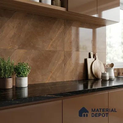 Modern kitchen with glossy brown marble-look wall tiles and black marble countertop