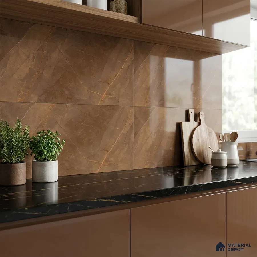 Modern kitchen with glossy brown marble-look wall tiles and black marble countertop