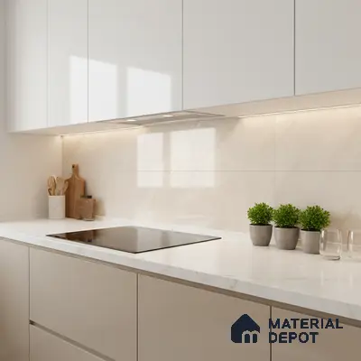 Minimalist kitchen with frosty white laminate cabinets and marble-look quartz countertop