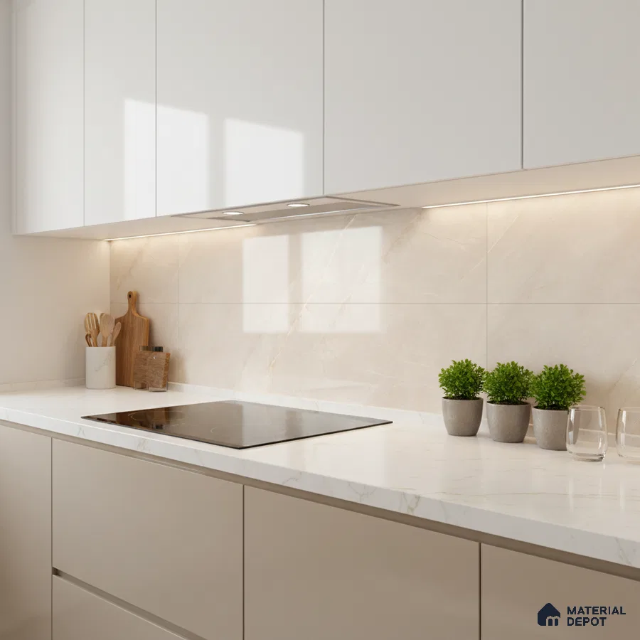 Minimalist kitchen with frosty white laminate cabinets and marble-look quartz countertop