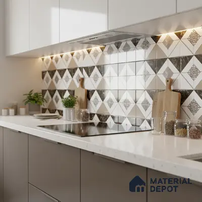 Modern kitchen with patterned geometric backsplash tile and white quartz countertop