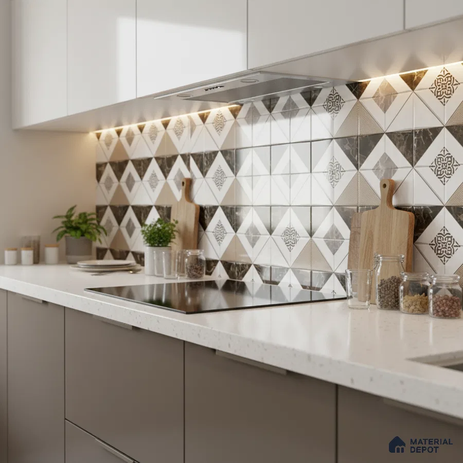 Modern kitchen with patterned geometric backsplash tile and white quartz countertop