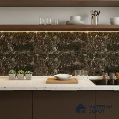 Modern kitchen with dark brown marble-look backsplash tile, white quartz countertop, and walnut open shelves