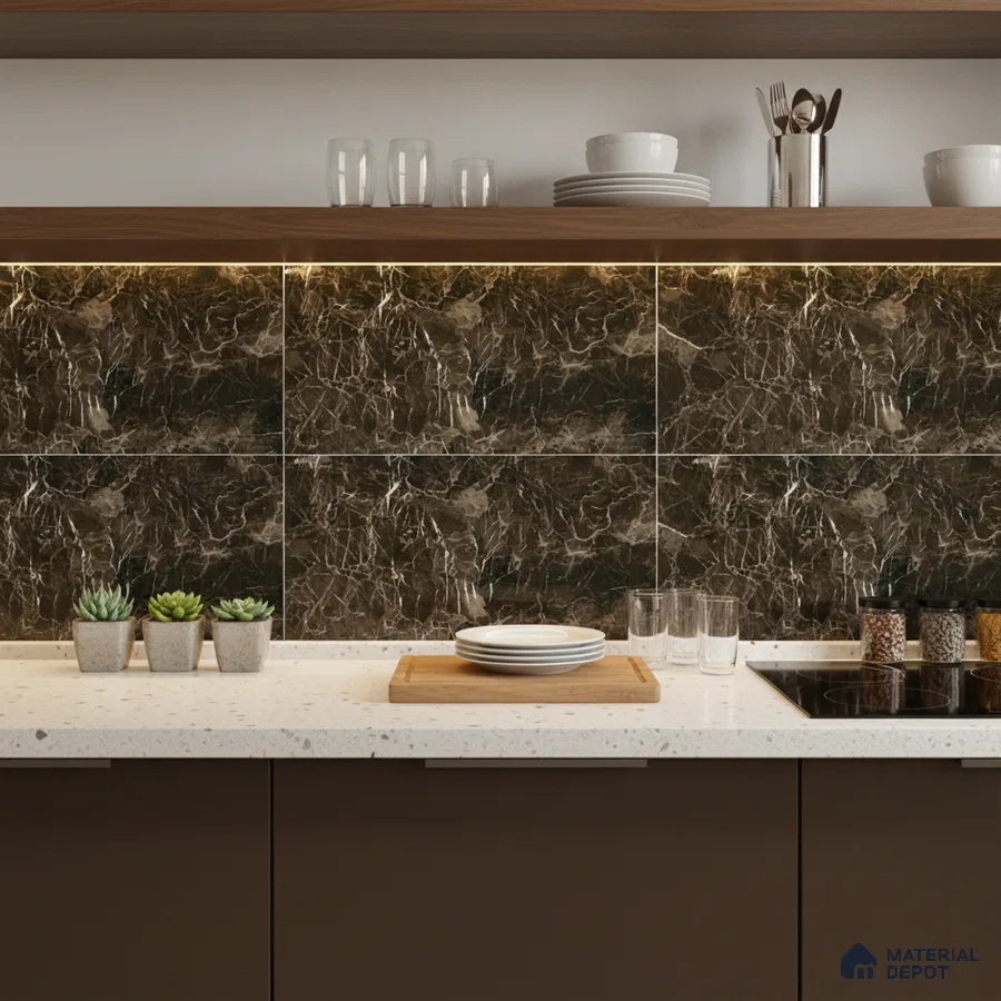 Modern kitchen with dark brown marble-look backsplash tile, white quartz countertop, and walnut open shelves