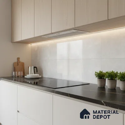 Minimalist kitchen with light wood laminate cabinets, white marble-look backsplash tile, and black marble countertop